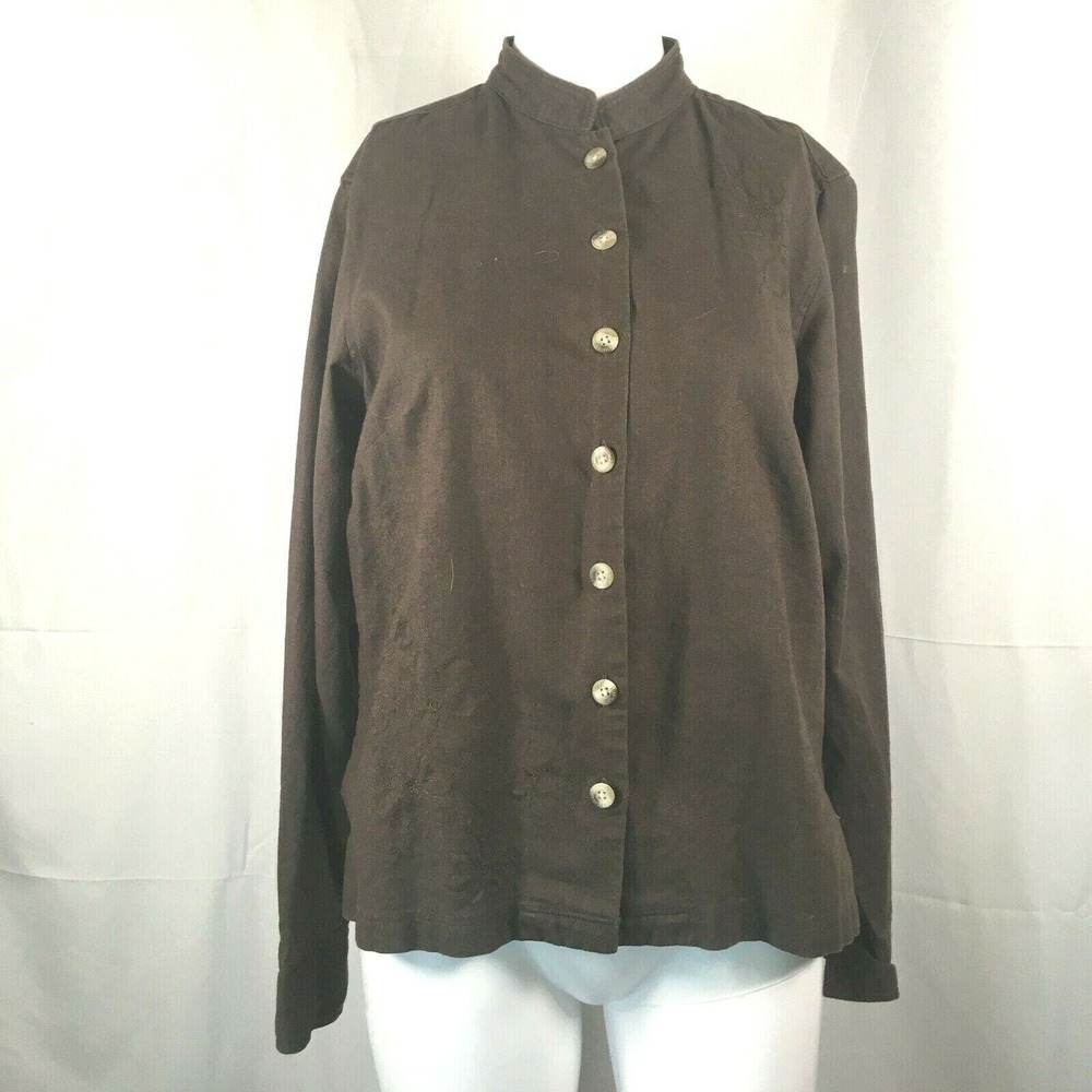 Columbia Shirt Womens Sz S Brown Linen Cotton Floral Embroidered Button‎ Down